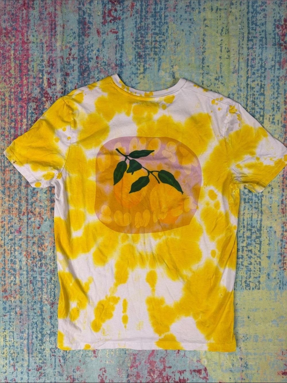 Yellow Tie-Dye Graphic Tee with Leaf Motif